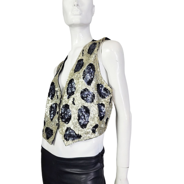 Vintage Chantik Black and Silver Sequin Vest Medium