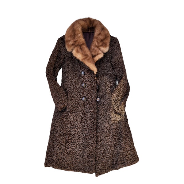 50s 60s Brown Coat with Fur Collar XS / S