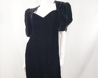 Vintage 80s Black Velvet Zum Zum Dress Puff Sleeves S/M