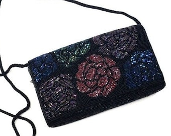 Vintage beaded black floral purse