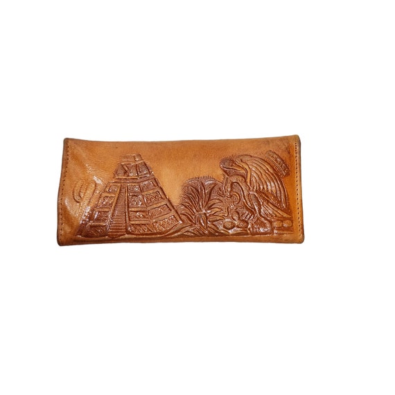 Vintage 70s tan leather tooled wallet Mexico - image 6