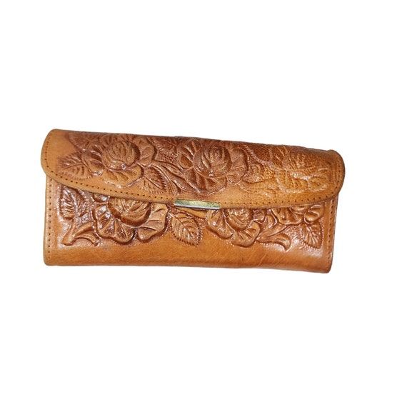 Vintage 70s tan leather tooled wallet Mexico - image 1