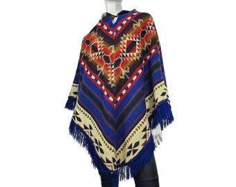 Vintage Knit Hooded Fringed Poncho