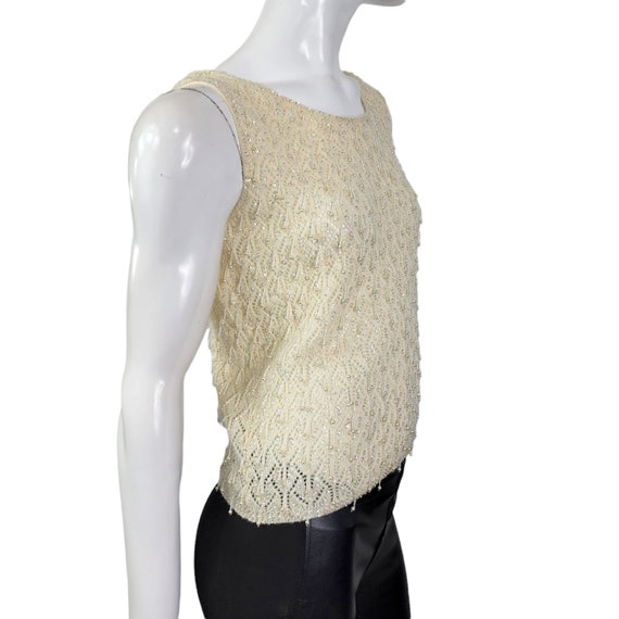 60s Cream Beaded Knit Top Small - image 5