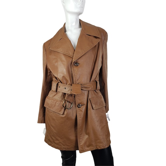 Vintage LAKELAND 70s Brown Tan Leather Belted Coa… - image 1