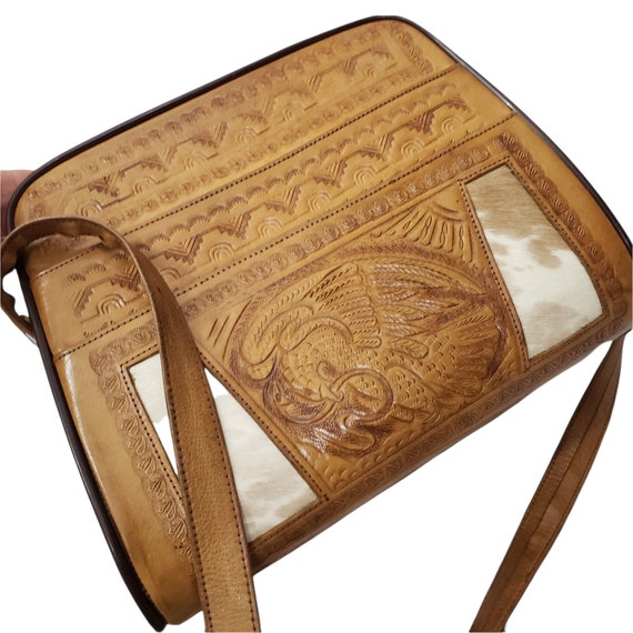 Vintage 60s tan tooled leather handbag - image 5
