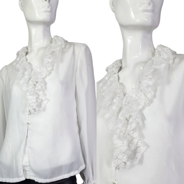 Vintage White Lace Ruffled Collar and Cuffs Blouse Medium