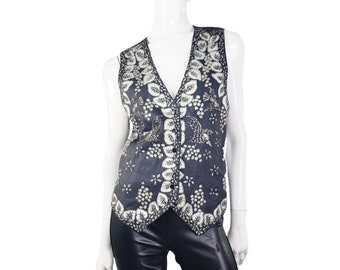 Vintage Bali Gem Black Vest with Silver Beading M