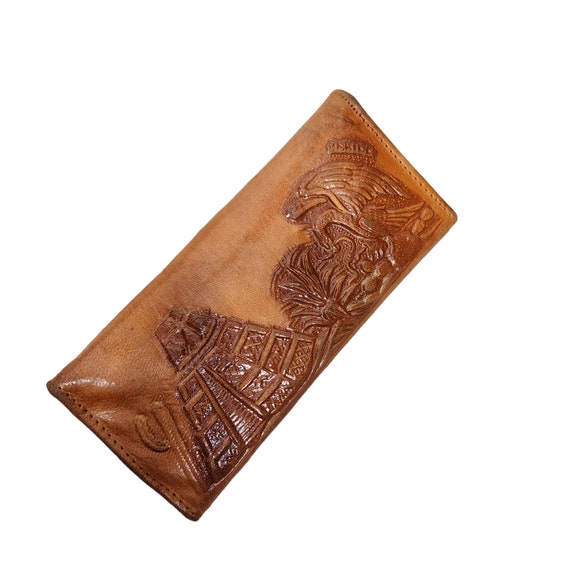 Vintage 70s tan leather tooled wallet Mexico - image 2