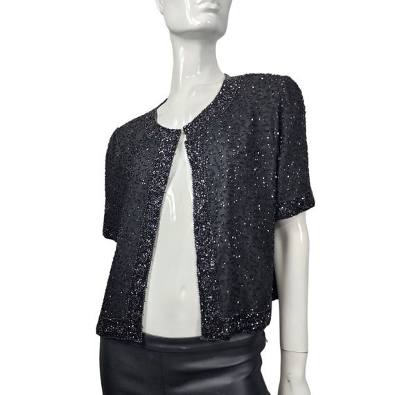 Vintage Black Beaded Short Sleeve Jacket Blazer M… - image 2