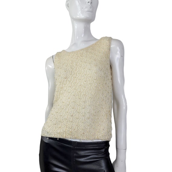 60s Cream Beaded Knit Top Small - image 2