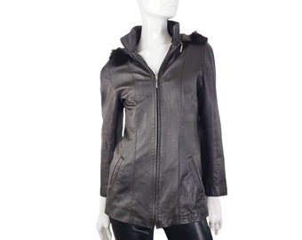 Vintage Black Soft Leather Jacket With Fur Trim Hood