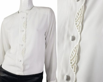 Blusa Vintage 70s Blanca con Detalle Perlas S