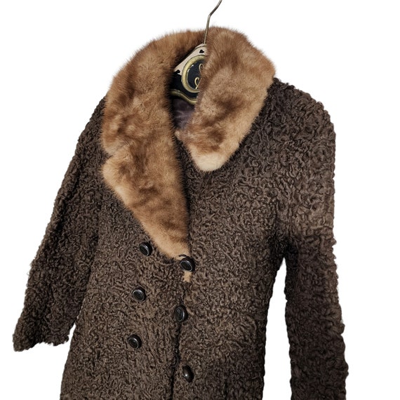 50s 60s Brown Coat with Fur Collar XS / S - image 5