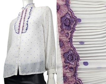 Vintage White and Purple Polka Dot Ruffled Collar Blouse