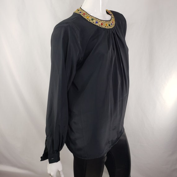 Vintage 80s Lindsay Blake Black Blouse with Jewel… - image 4