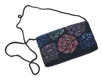 ヴィンテージブラックフローラルビーズハンドバッグ - ハンドメイド菊