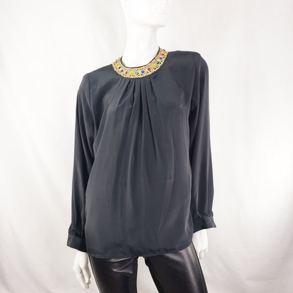 Vintage 80s Lindsay Blake Black Blouse with Jewel… - image 1