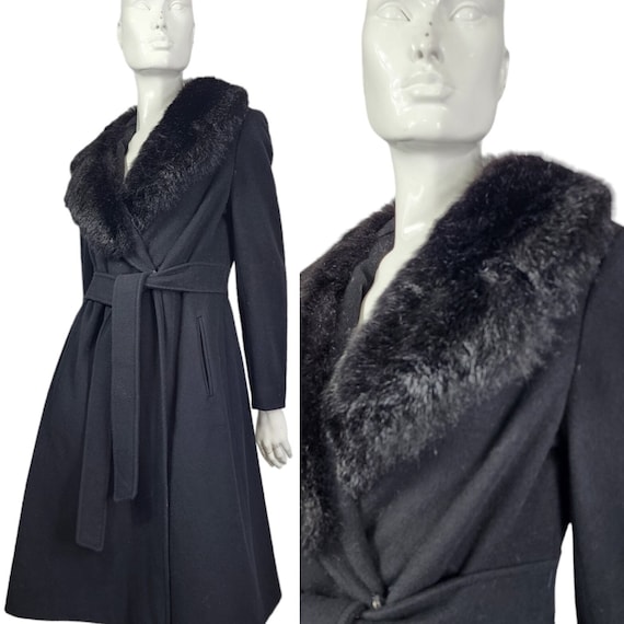 Vintage Black Wool Coat with Faux Fur Small - image 1