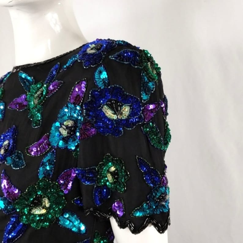 Vintage Lawrence Kazar Black Blue Purple Sequins Top S
