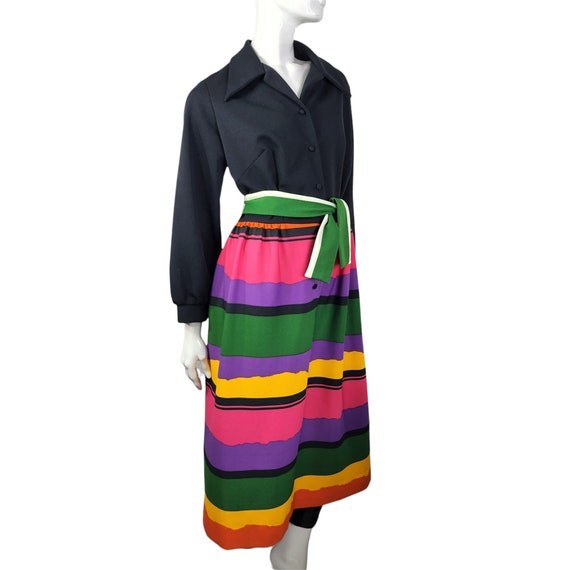 Vintage 70s Dress Black with Color Block Skirt La… - image 3