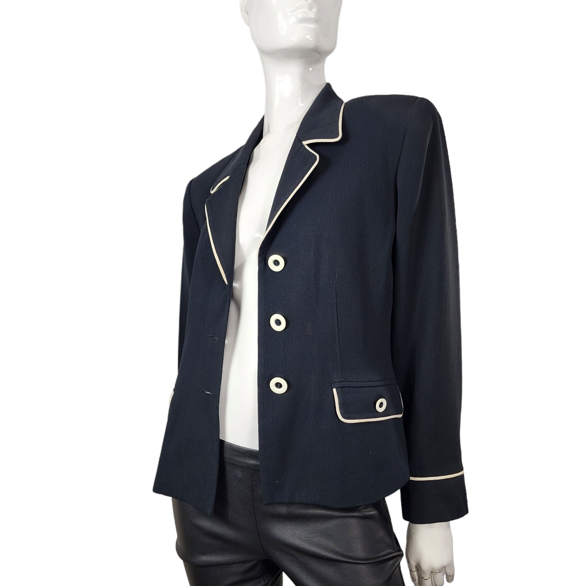Vintage 90s Kasper for A.S.L. Black Blazer With White Trim Medium 