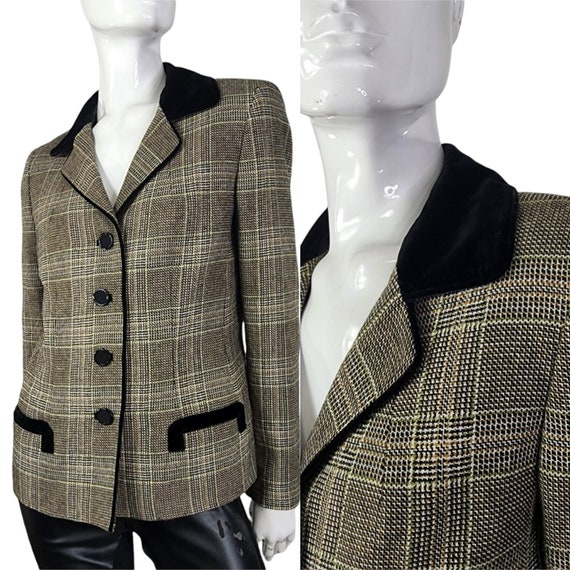 Vintage Plaid Blazer with Black Velvet Collar Kas… - image 1