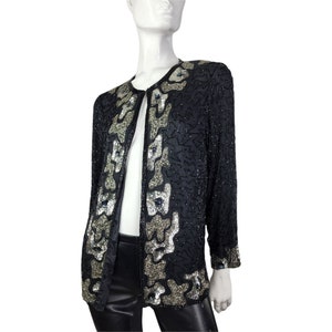 80s 90s Black and Silver Beaded Sequin Jacket Blazer Medium