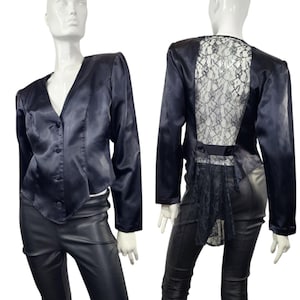 Vintage 80s 90s Black Satiny Blazer Blouse with Lace Back