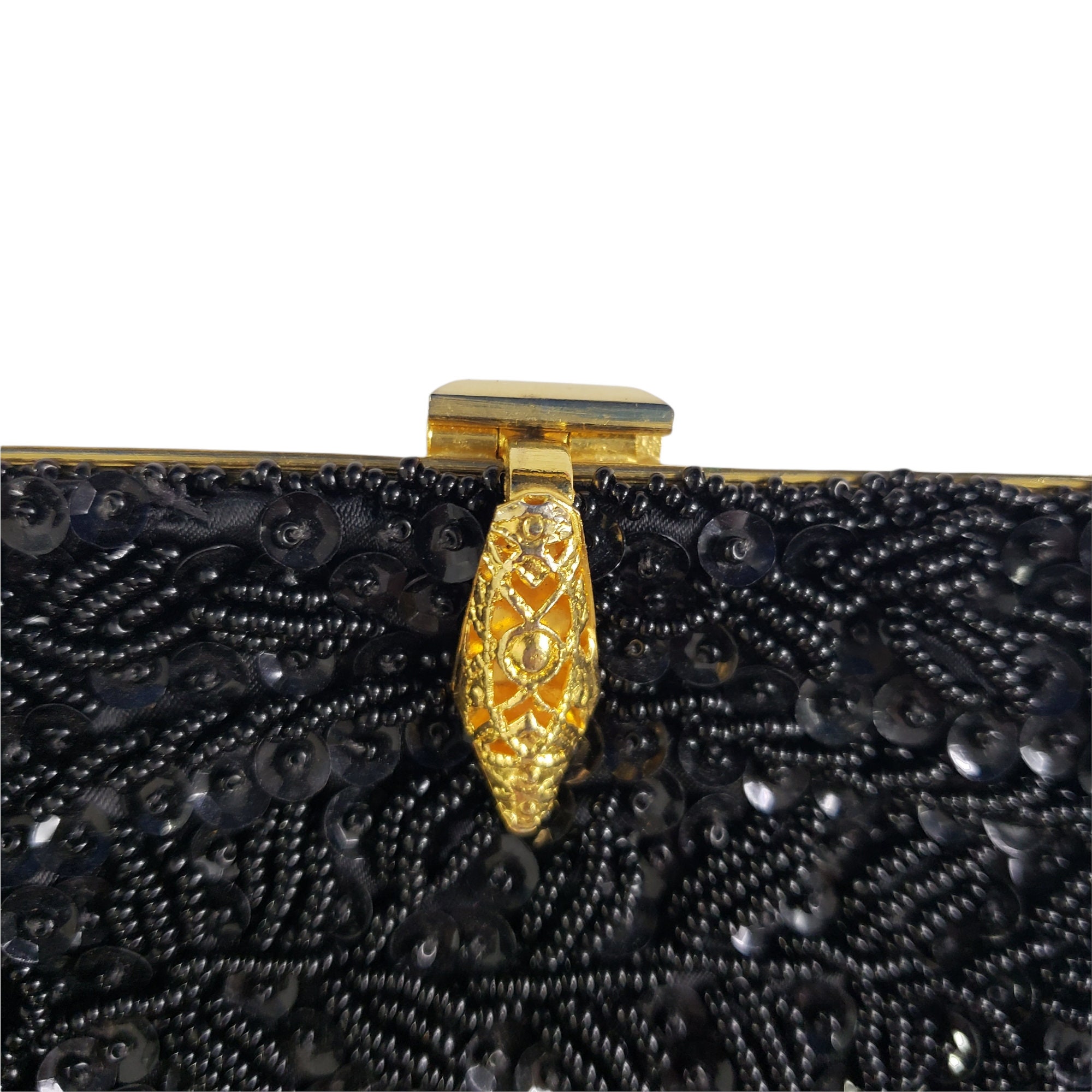 Petit Sac Perlé Vintage Années 40 - Cadre En Bois Doré, Motif Floral, Occasion - Collection Vintage
