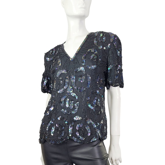 Vintage Laurence Kazar 80s black beaded iridescen… - image 1