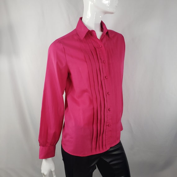 Vintage 70s hot pink blouse front pleats  Small - image 3