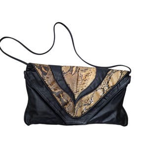 Vintage Black Leather  And Snake Shoulder Bag Clutch