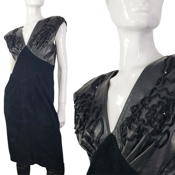 Vintage Black Leather Suede Dress Small - image 1