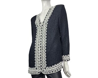 Vintage Joe Romance Black White Beaded Jacket Blazer Large