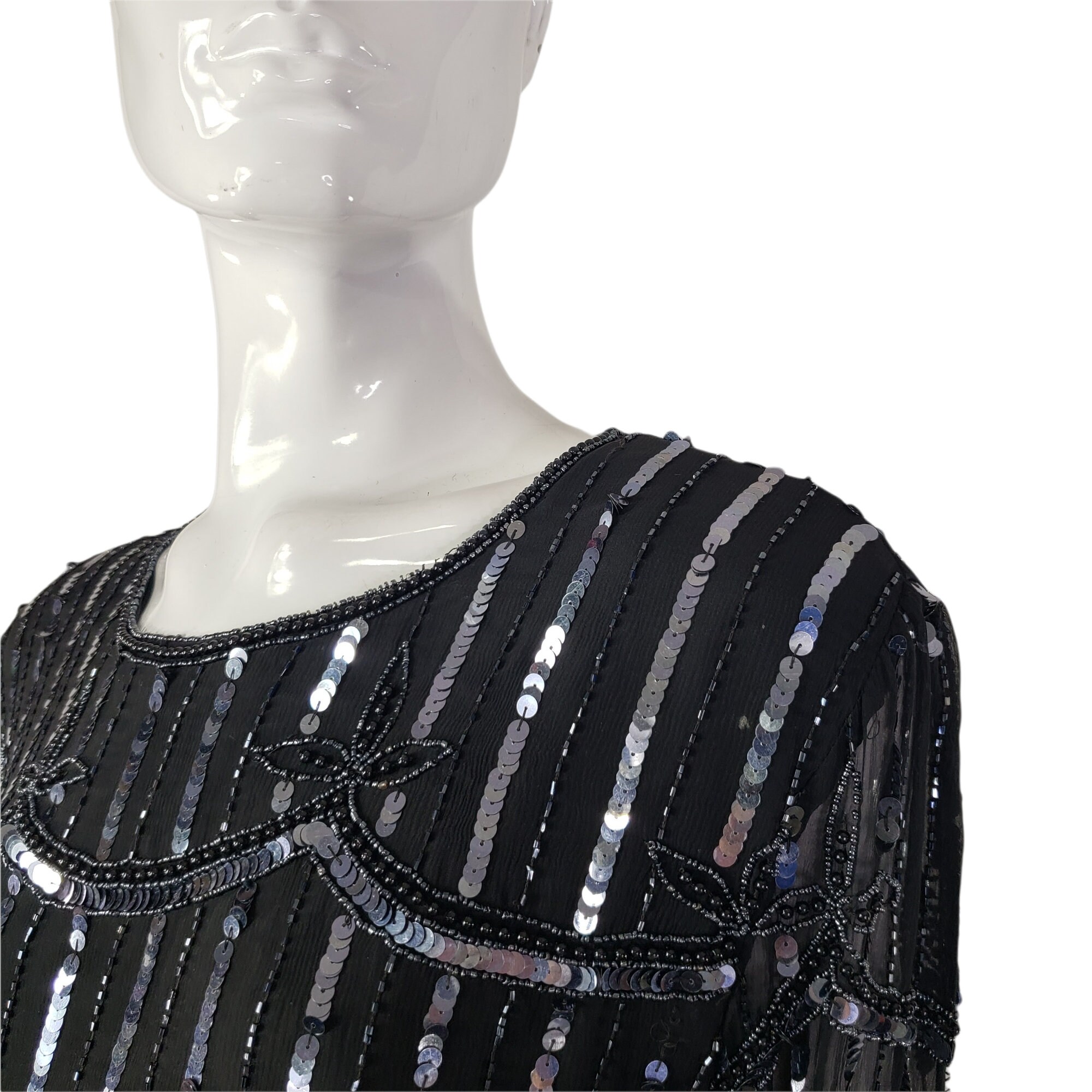 Chemisier Vintage Femme En Soie à Paillettes Perles Fleurs Stenay - Taille M - Noir Rose Aqua