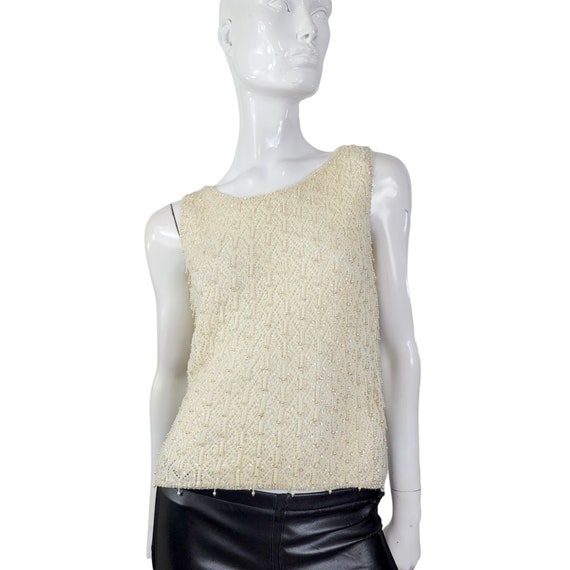 60s Cream Beaded Knit Top Small - image 3