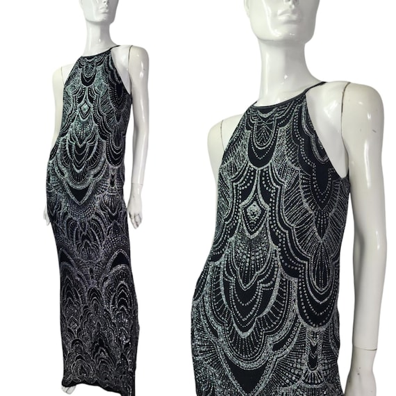 Vintage Black Stretchy Silver Glitter Slinky Dress XS/ Small