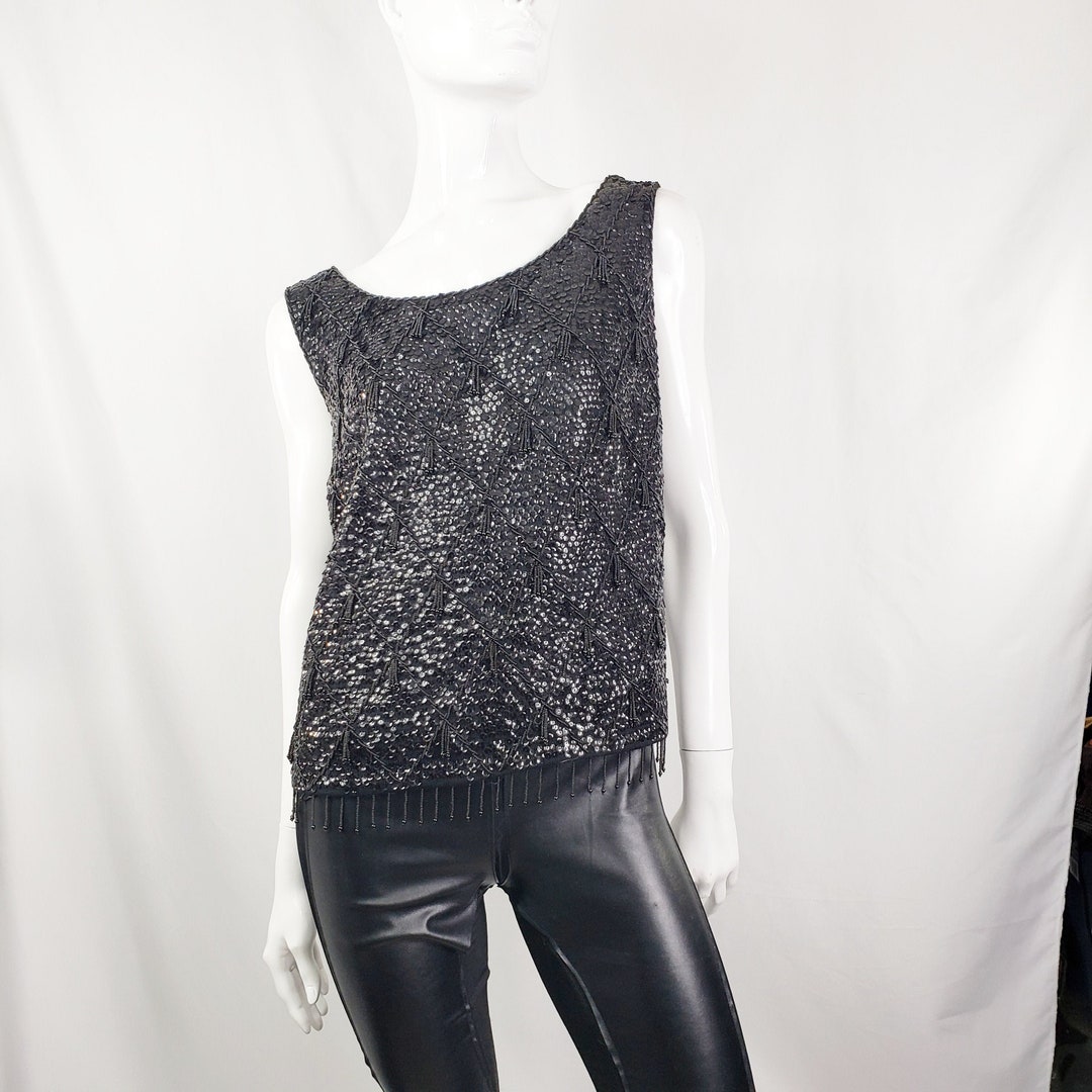 Vintage Black Beaded Top M - Etsy