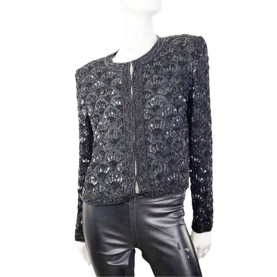 Vintage Black Beaded Sequins Cropped Jacket Small 