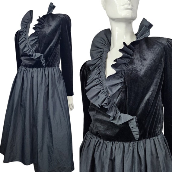 Vintage Black Ruffled Velvet Dress - image 1