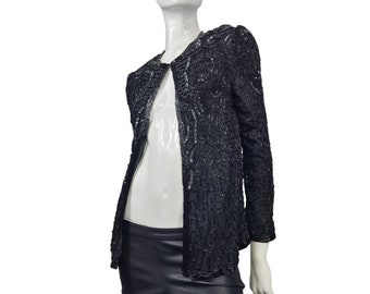 Vintage Papell Boutique Black Silk Beaded Blazer PM Medium