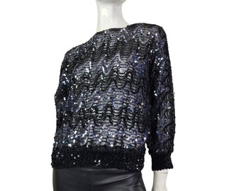 Vintage Black Sheer Silver Sequins Top Blouse Small