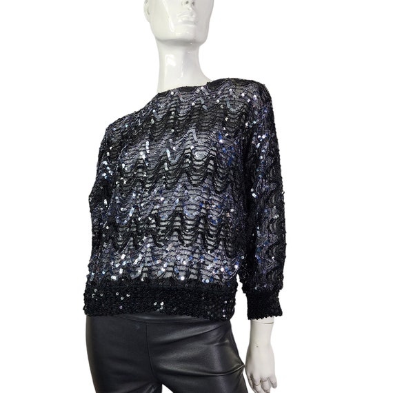 Vintage Black Sheer Silver Sequins Top Blouse Sma… - image 1