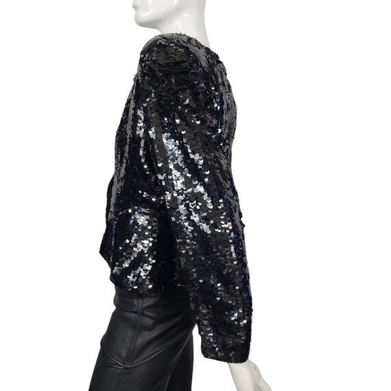 Vintage Black Tie Black Sequined Beaded Jacket M - image 7