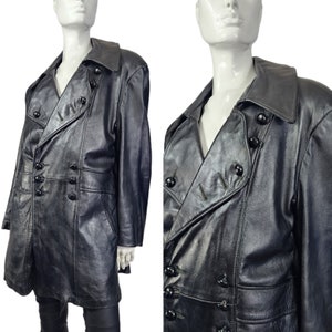 Vintage Black Leather Double breasted  Coat Jacket Mens Unisex M/L