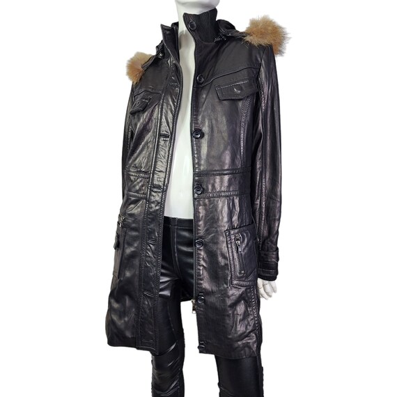 ヴィンテージ ブラック レザー ファー フード付き ジャケット コート M