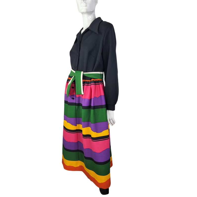Vintage 70s Dress Black with Color Block Skirt Large image 2