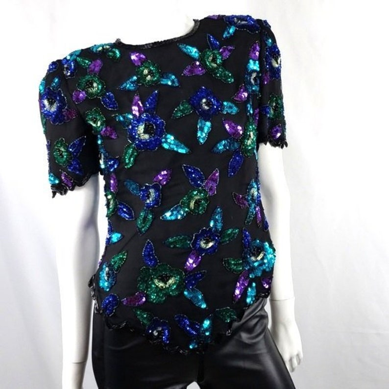 Vintage Lawrence Kazar Black Blue Purple Sequins Top S