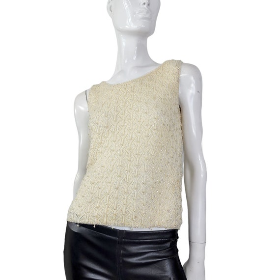 60s Cream Beaded Knit Top Small - image 6